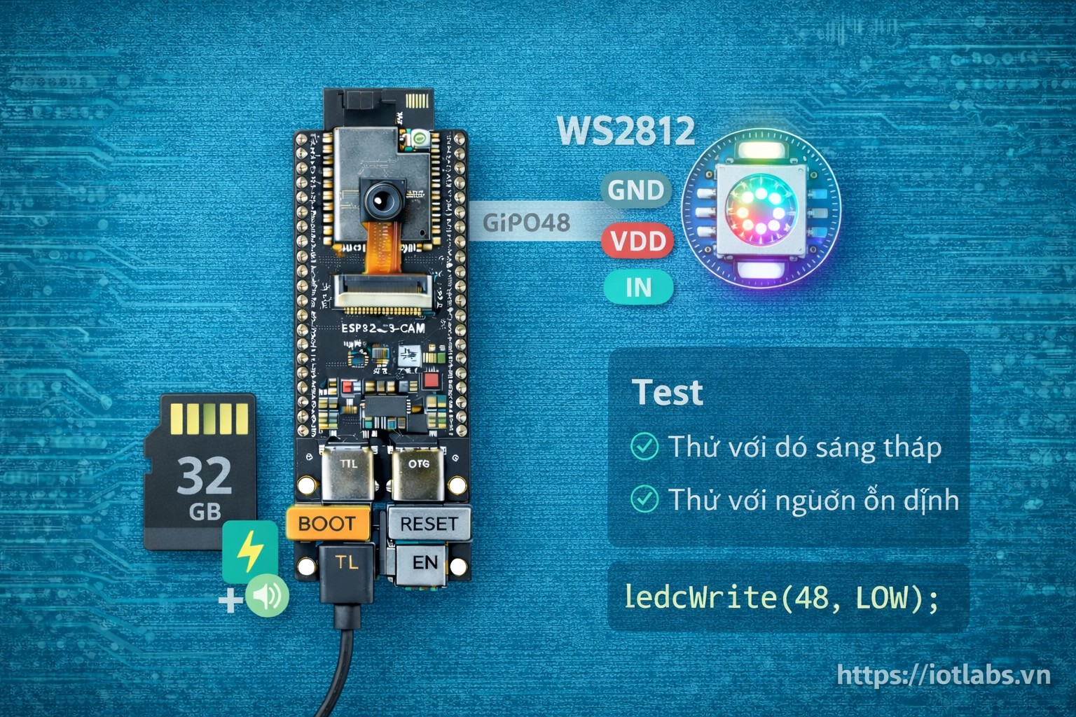 ESP32-S3-DevKitC N16R8 CAM: Bài 12 — Test builtin LED RGB WS2812 (GPIO48) và lưu ý nhiễu/nguồn