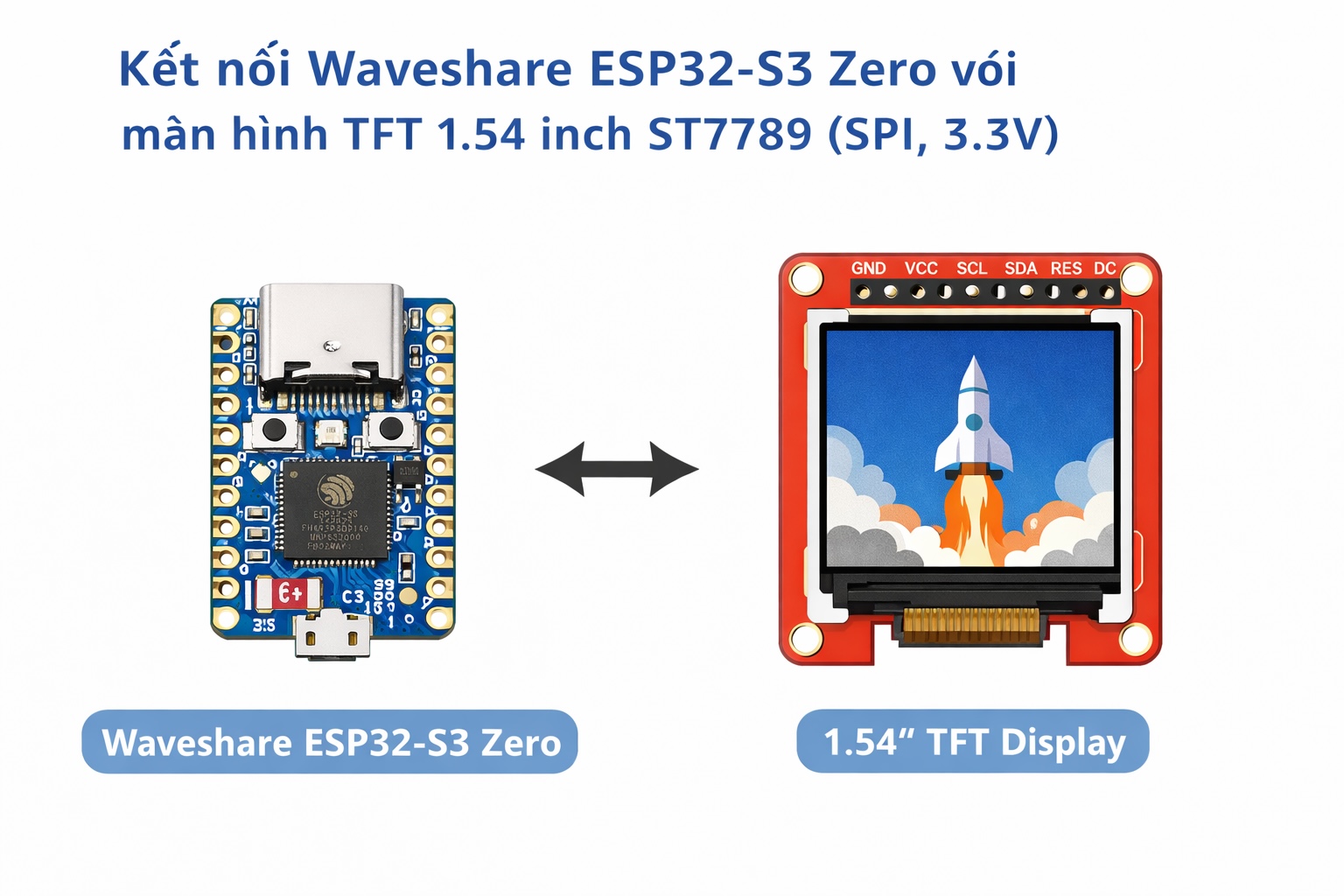Hướng dẫn kết nối Waveshare ESP32-S3 Zero với màn hình TFT 1.54 inch ST7789 (SPI, 3.3V)