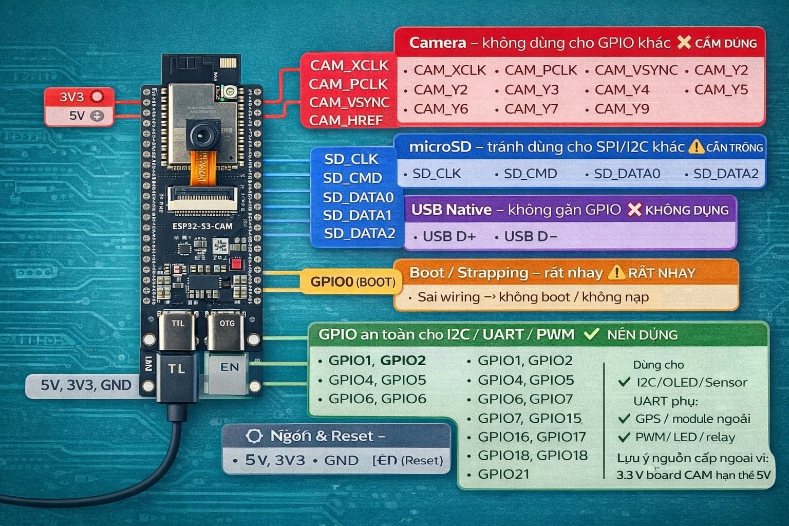 ESP32-S3-DevKitC N16R8 CAM: Bài 05 – Đọc pinout theo nhóm chức năng (an toàn vs xung đột)