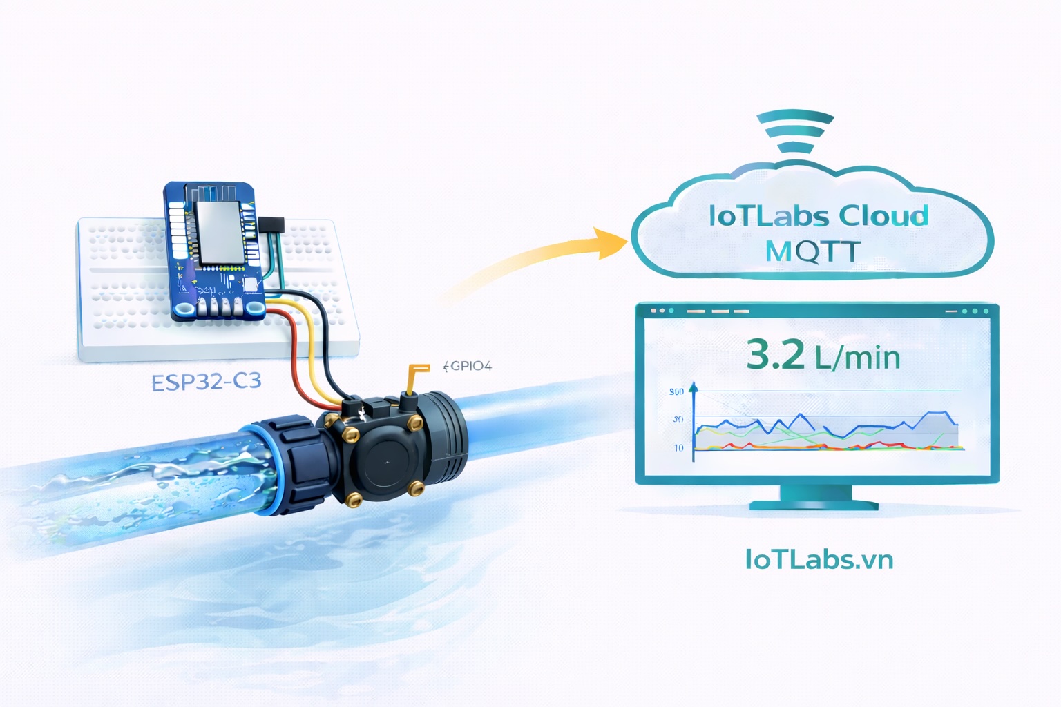 Series ESP32 & Cảm biến: Bài 29 – Đọc cảm biến Water Flow YF-S201: đo lưu lượng nước & theo dõi realtime