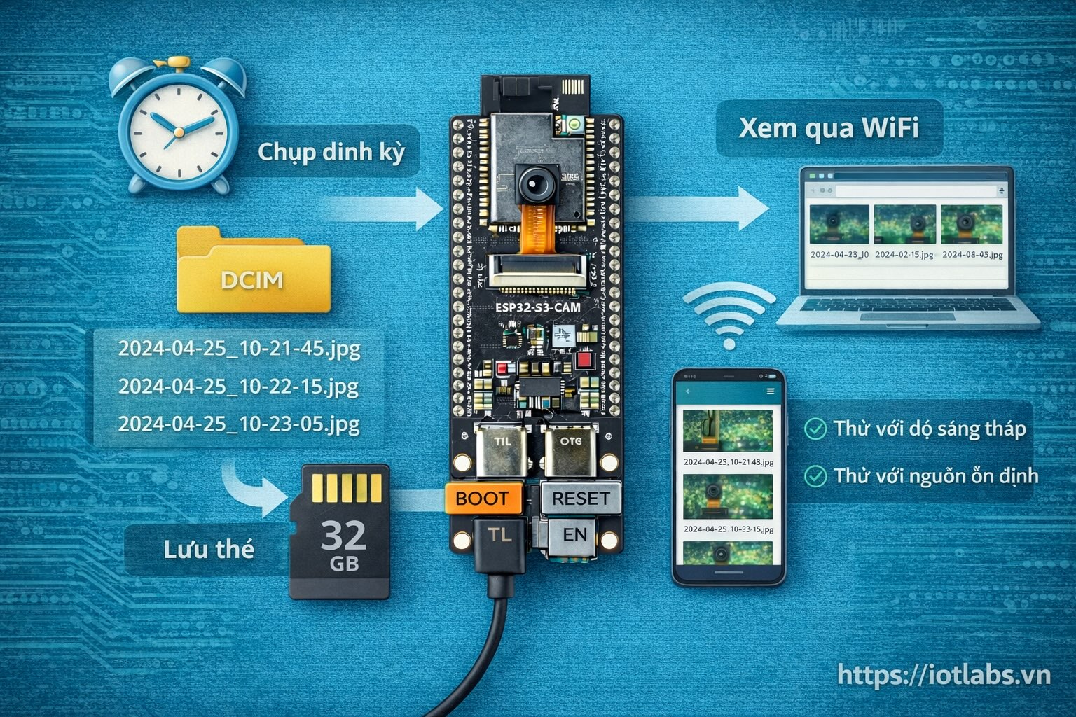 ESP32-S3-DevKitC N16R8 CAM: Bài 13 – Dự án 1: Camera “Nhật ký” (chụp định kỳ + lưu thẻ + xem qua WiFi)