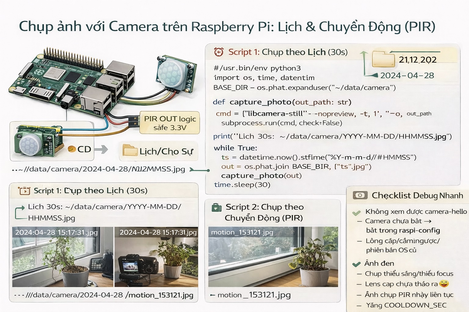 Series: Lập trình Raspberry Pi – Bài 11: Camera cơ bản — chụp ảnh theo lịch / theo sự kiện (PIR) + lưu thư mục