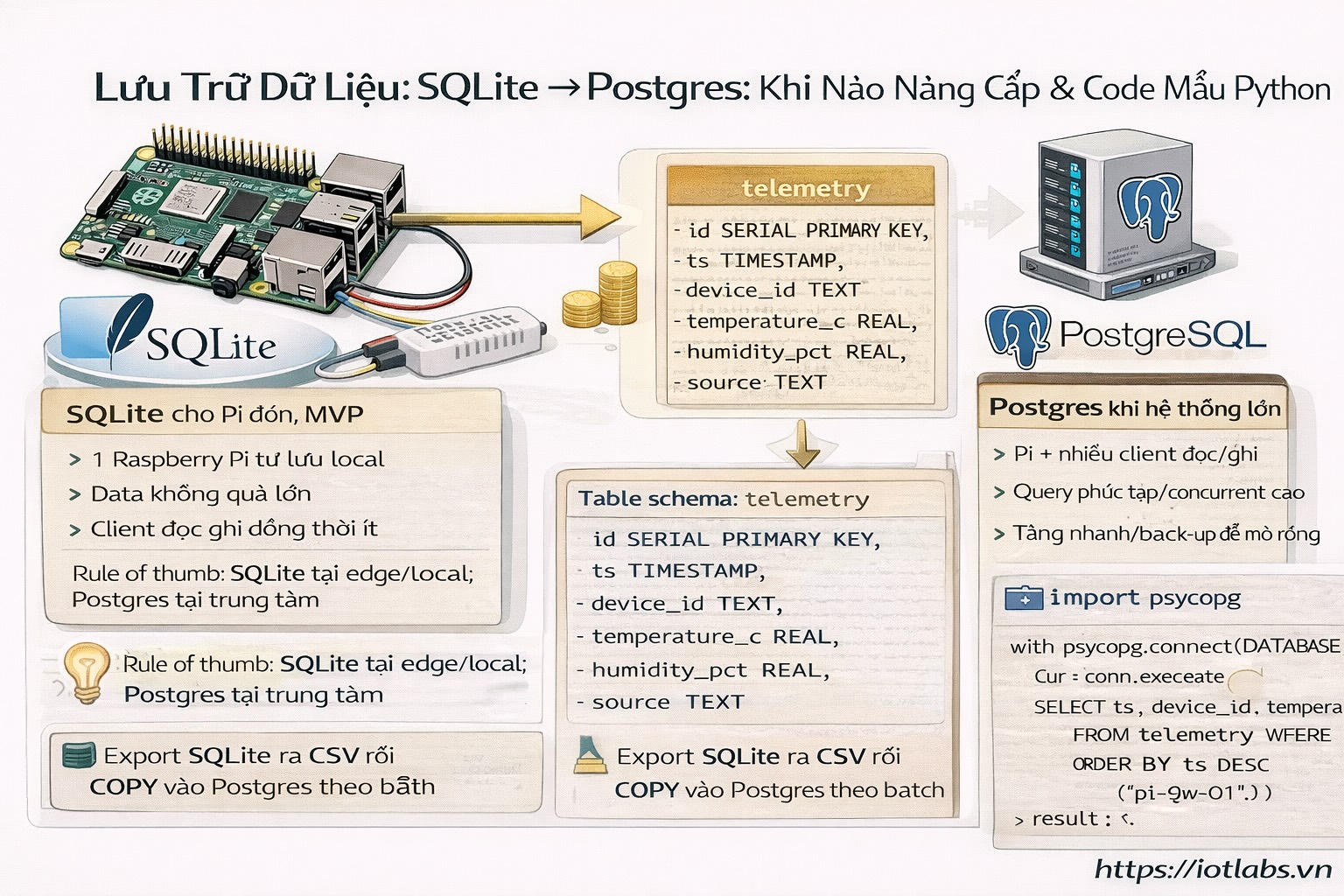 Series: Lập trình Raspberry Pi – Bài 15: Lưu trữ dữ liệu — SQLite → Postgres (khi nào nâng cấp, code mẫu, migration nhẹ)