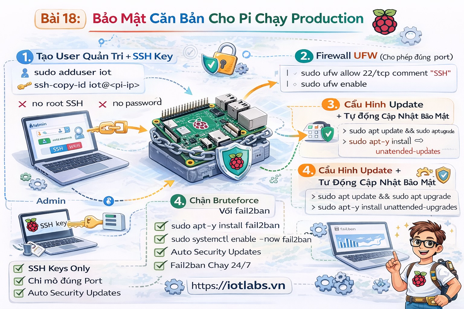 Series: Lập trình Raspberry Pi – Bài 18: Bảo mật căn bản cho Pi chạy production (SSH keys, UFW, fail2ban, user & quyền)
