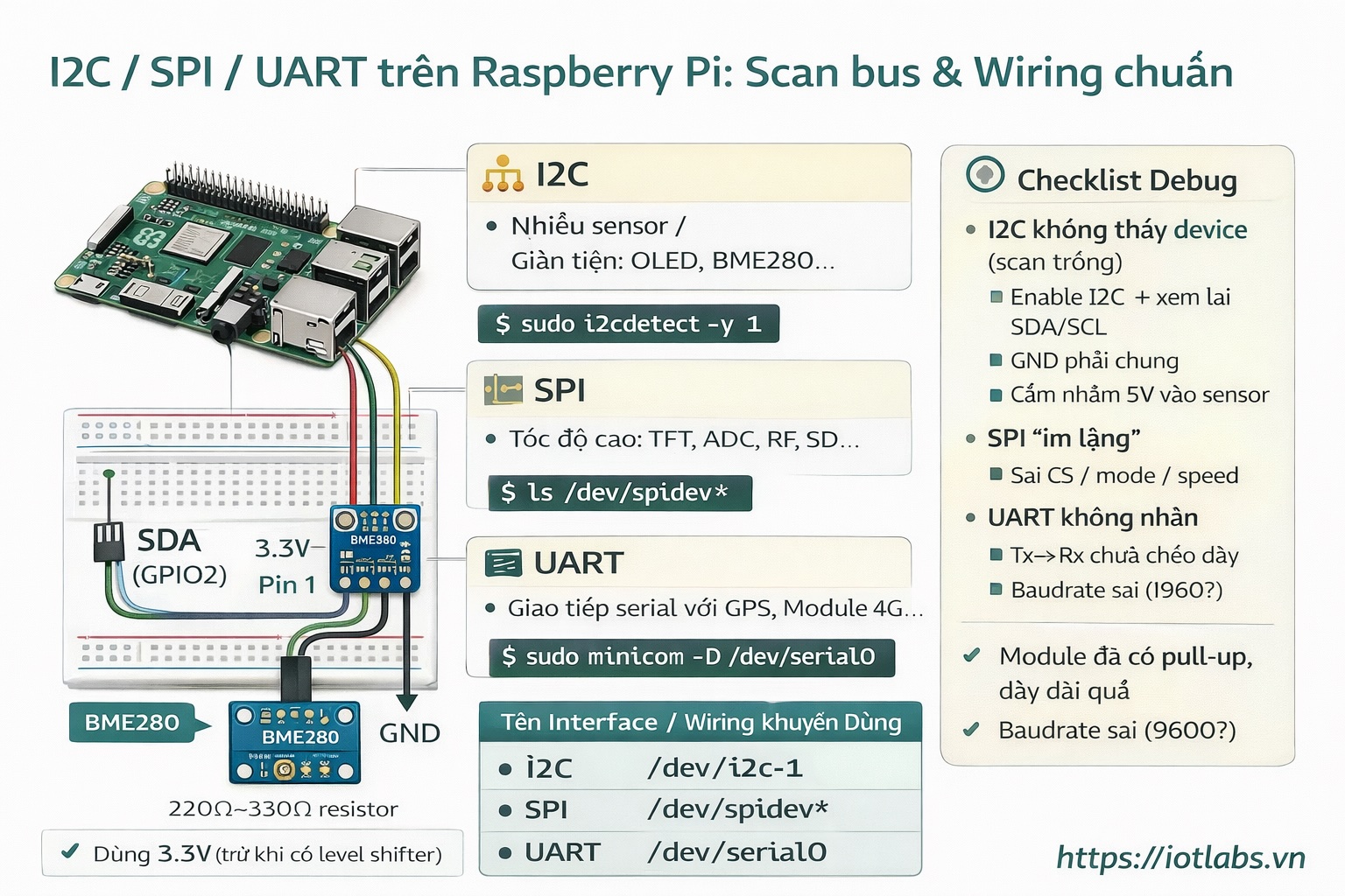 Series: Lập trình Raspberry Pi – Bài 7: I2C / SPI / UART — Scan bus, wiring chuẩn, và lỗi thường gặp