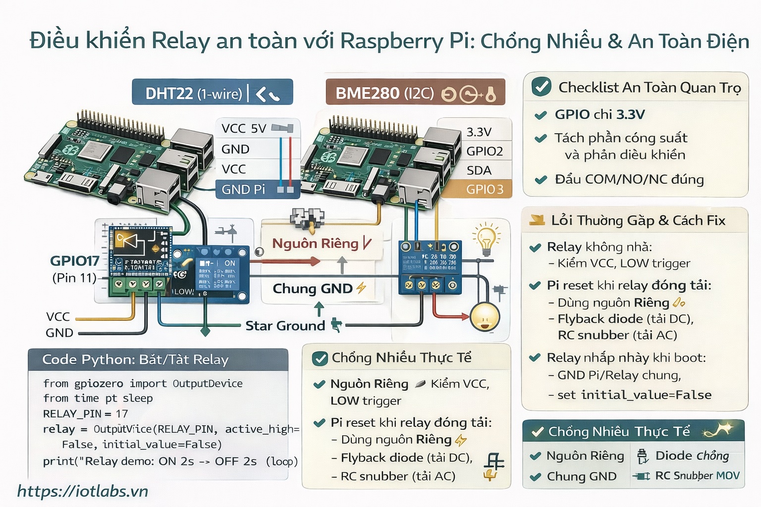 Series: Lập trình Raspberry Pi – Bài 9: Relay + an toàn điện + chống nhiễu (opto, flyback, ground)